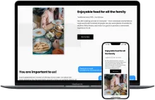 A laptop and a laptop showcasing website responsiveness with a section "Enjoyable food for all the family" stating founding date for Nur Kitchen and a dedicated paragraph for catering services.