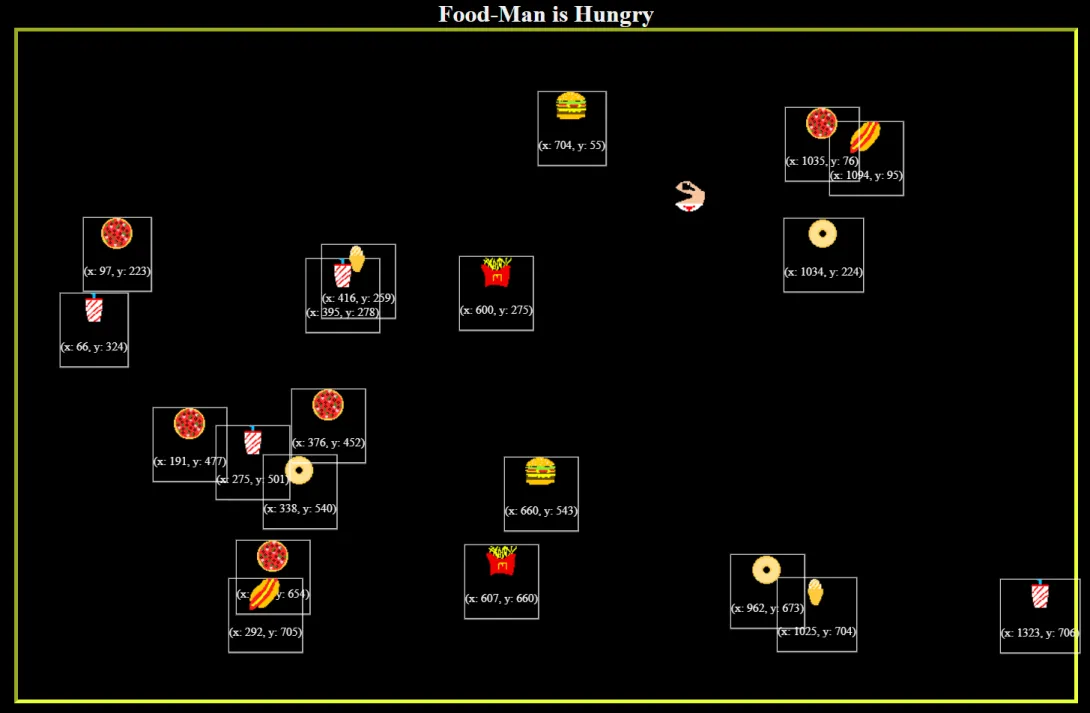 Food-Man Game Screen with Foods collision-detection mode enabled for analysis.